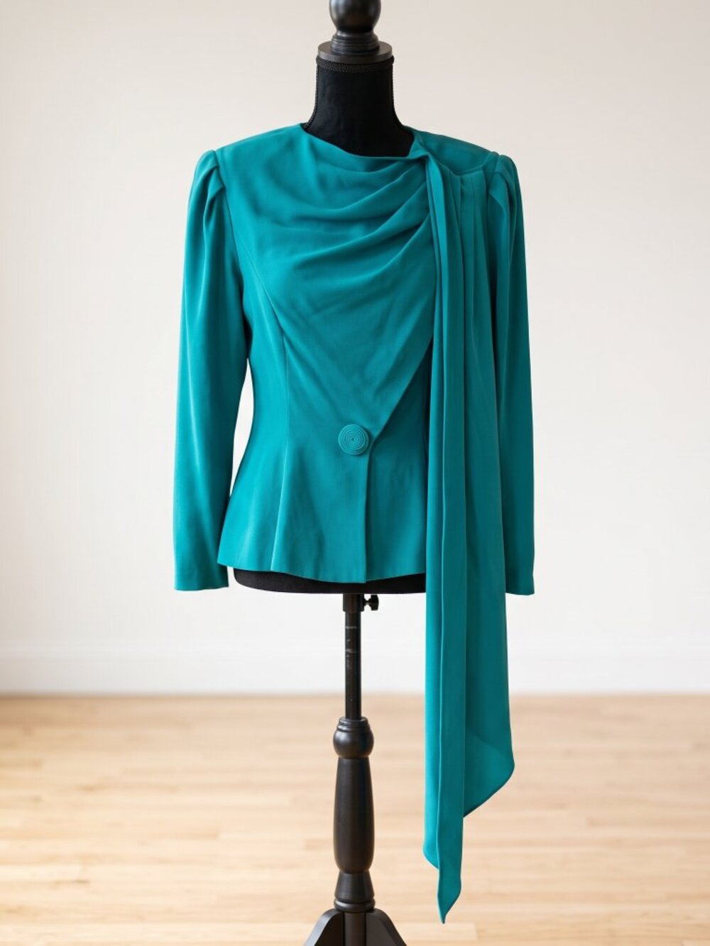 Vintage Daymor Couture Teal Drape Front Peplum Blouse Jacket Sz 14